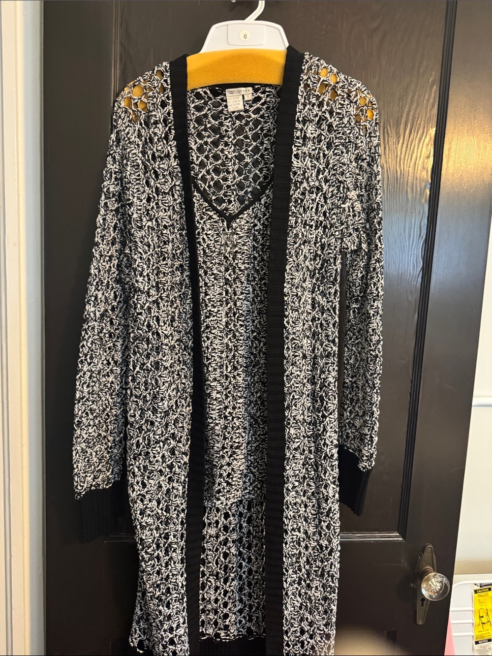Worth Black & White Open-Knit Long Cardigan